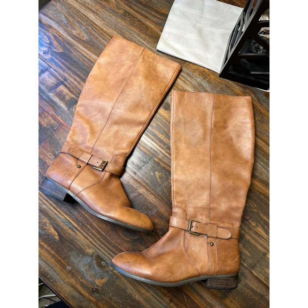 J.Jill Womens Cognac Brown Leather Tall Riding Boots Size 7.5 Side Zip Buckle